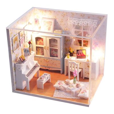 Puppenhaus Miniatur DIY Haus Bausatz Holz Niedliches Zimmer mit LED-Möbeln und Cover Girl Geschenk Spielzeug, Sommer