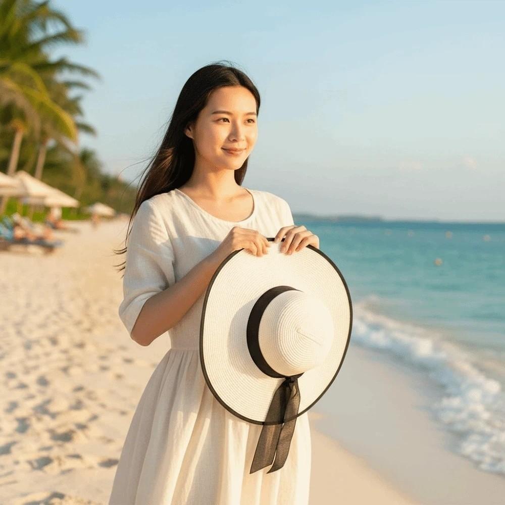 Lightweight Big Brimmed Straw Hat Breathable Woven Sun Cap Fashion Vacation Beach Cap Outdoor