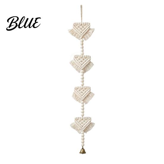 Layered Color Tapestry Knotted Rope Wall Hanging with Bell Braided Triangles Geometric Tapestry Wooden Beads