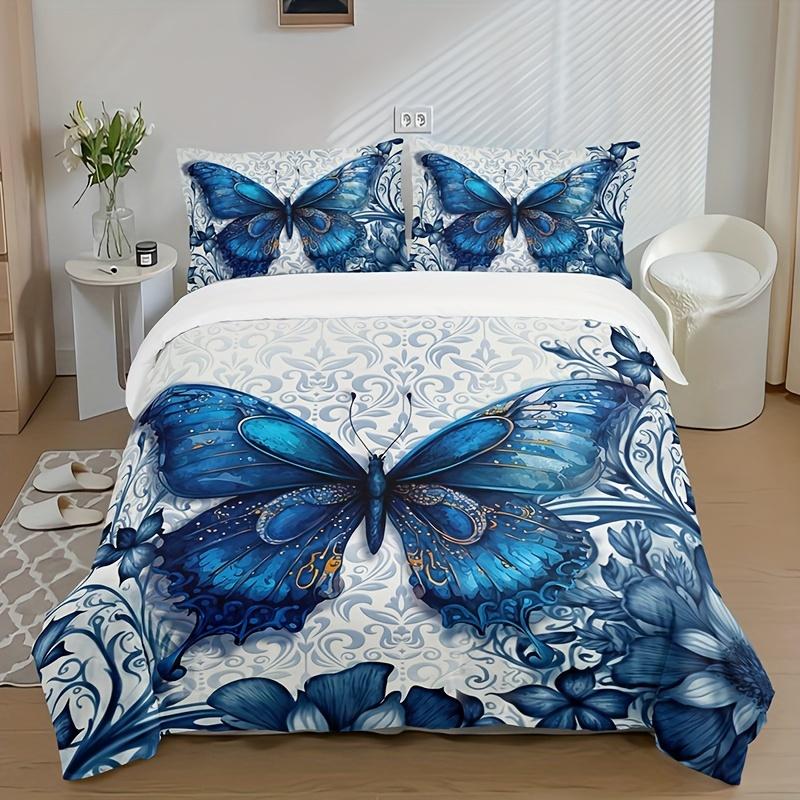 Fashion Luxury Blue Butterfly Print Duvet Cover Set Soft Comfortable Duvet Cover For Bedroom Guest Room Bedding Set