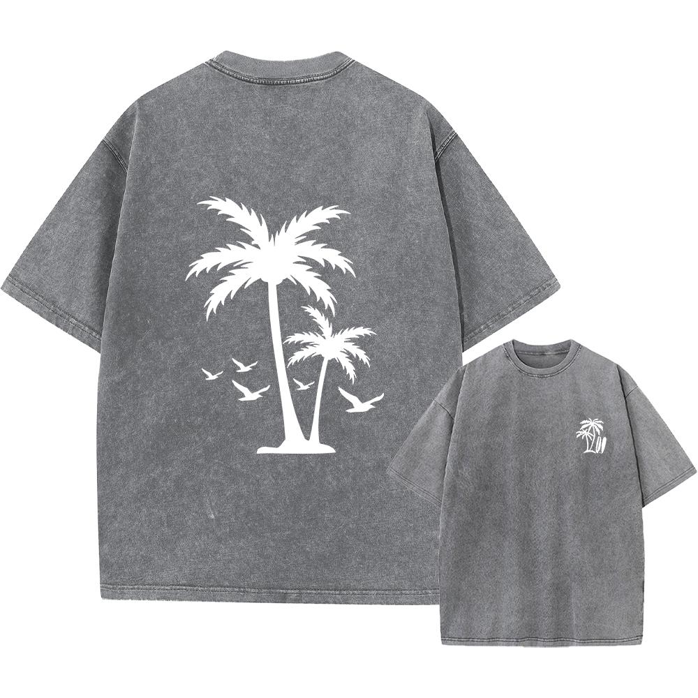 Coconut Tree Print Distressed Washed TShirt Loose Fit Casual Trendy Pure Cotton ShortSleeve Summer Hot Sale Style Unisex S