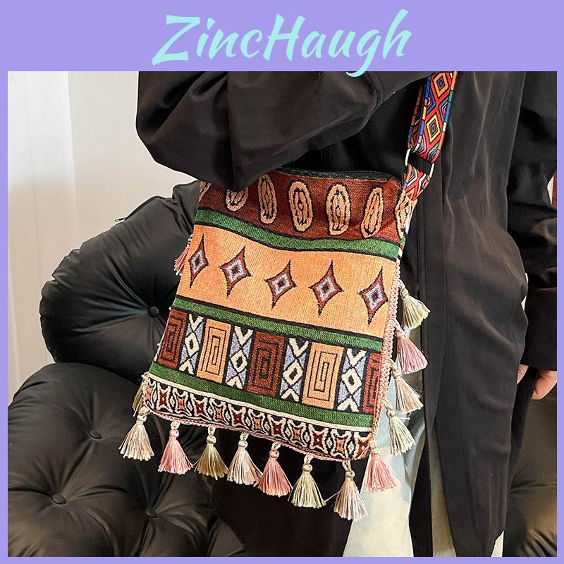 Bohemian Tassel Handheld Tote Bag With Zip Closure For Casual Outings