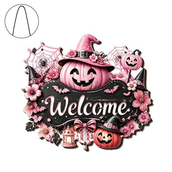 Durable Door Sign for Porch Halloween Pumpkin Ghost Wooden Welcome Hanger Sign, Cute Wall Ornament with Bell Front Hanging Rope, Decor Indoor Outdoor