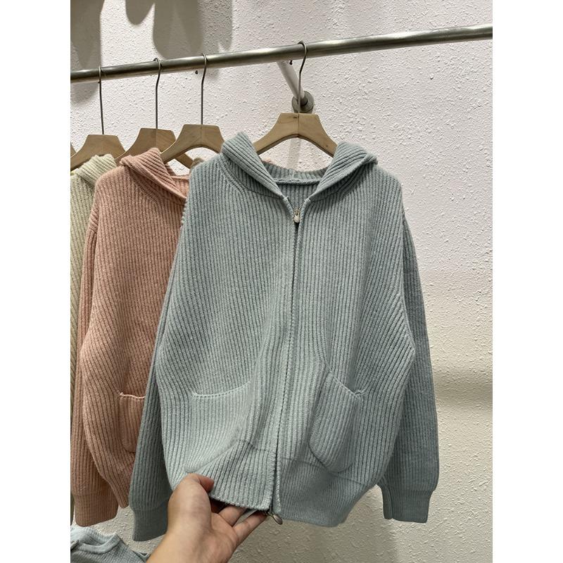 Lazy Wind Hooded Sweater Jacket Women's Autumn and Winter New Loose and Versatile Soft Waxy Long-sleeved Zipper Knitted Cardigan