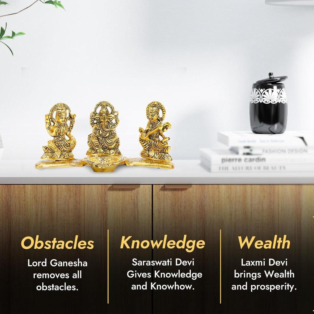 God Idols for Pooja | Metal Antique Ganesh laxmi Saraswati Sculpture Murti for Home Decor | Decorative Platter with Diya Ganpati
