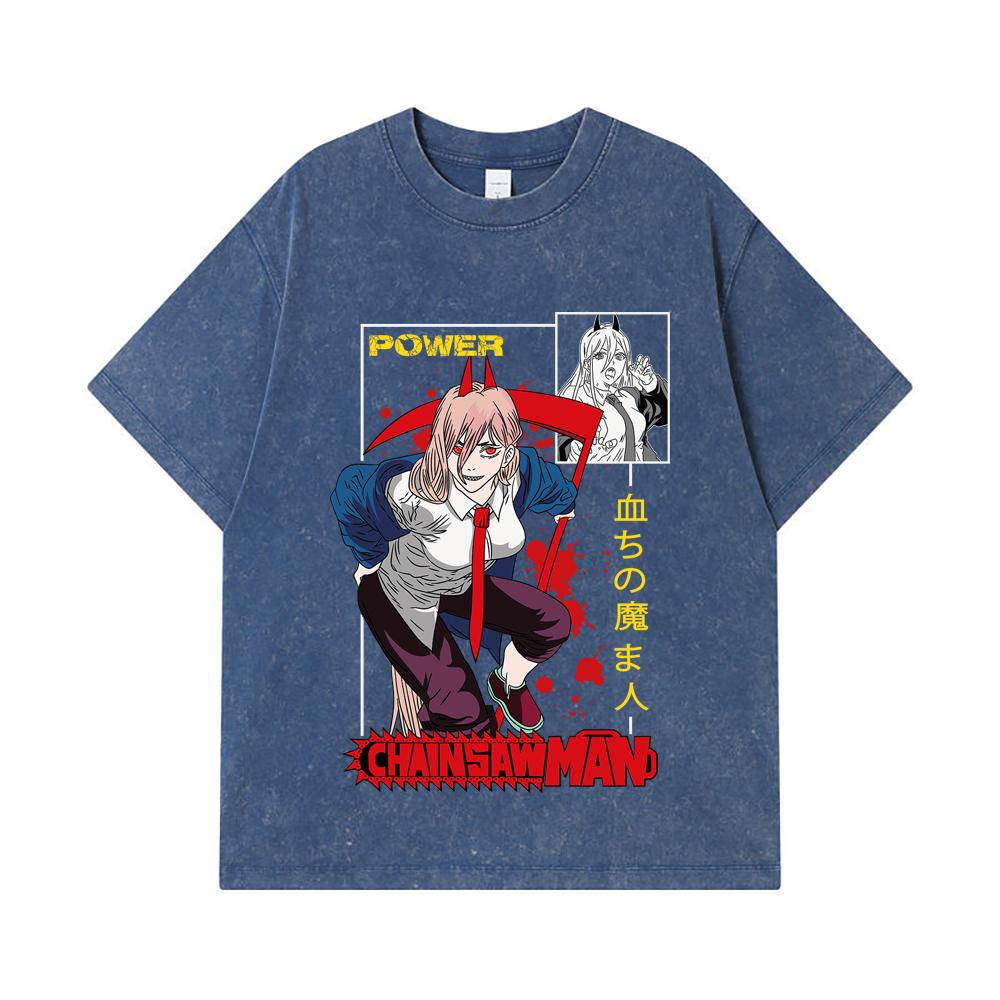 275 GSM Washed T-shirts 100% Cotton Chainsaw Man V40 Power Print Unisex Heavy Cotton T Shirt