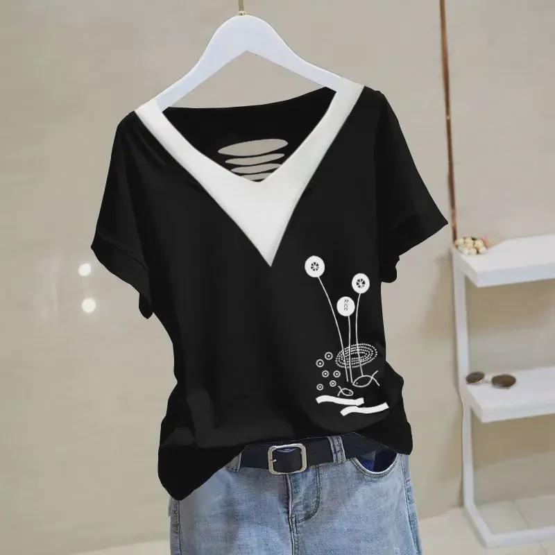 Women's 2024 Summer Cotton V-neck Short-Sleeve Top - Versatile, Loose, Slimming, Plus Size, Chic Korean Style T-shirt