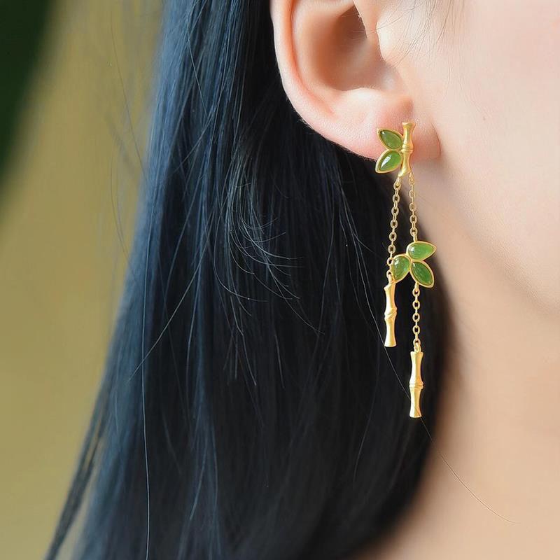 Designer's Unique Craftsmanship Jaspis Lange Sektion Bambus Tropfen Hängeohrringe Eleganter Charme Kreativer Damenschmuck