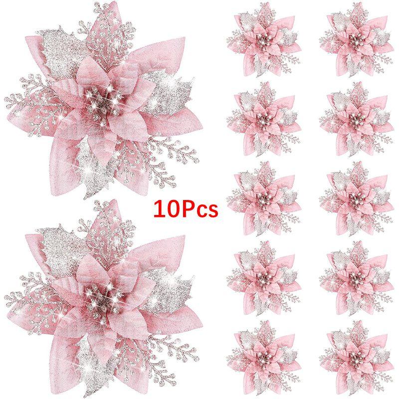 3/5/10Pcs 14.5cm Glitter Artifical Christmas Flowers Mreey Christmas Tree Decoration Happy New Year Ornaments Xmas 2025 Navidad