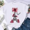 Shortsleeved Sweet Floral Print Tshirt with Bow Fashionable Summer Style Womens Print Casual Top Tshirt Cartoon PrintTshirt
