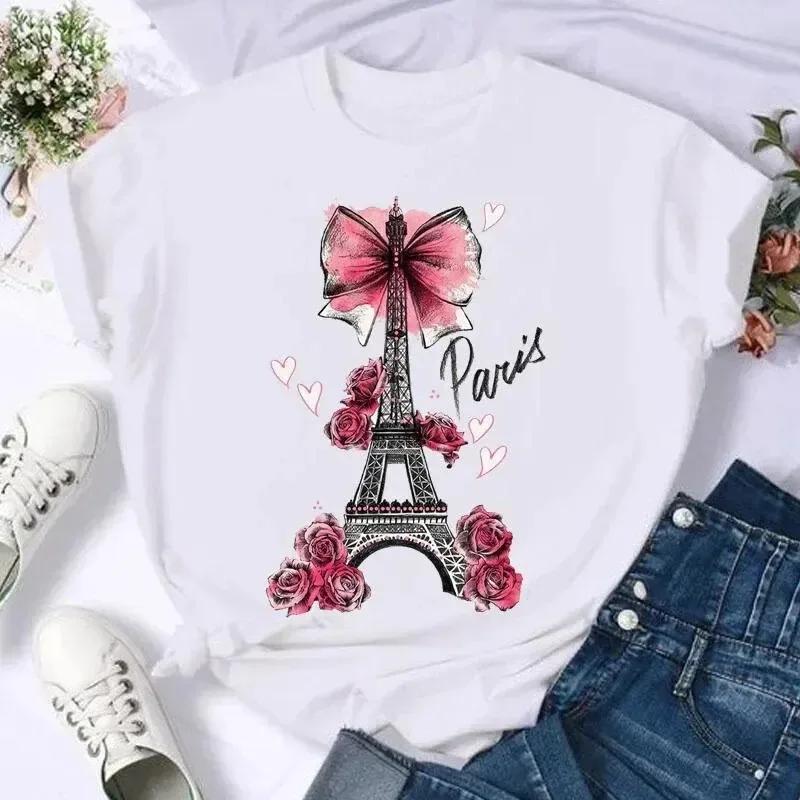Shortsleeved Sweet Floral Print Tshirt with Bow Fashionable Summer Style Womens Print Casual Top Tshirt Cartoon PrintTshirt S