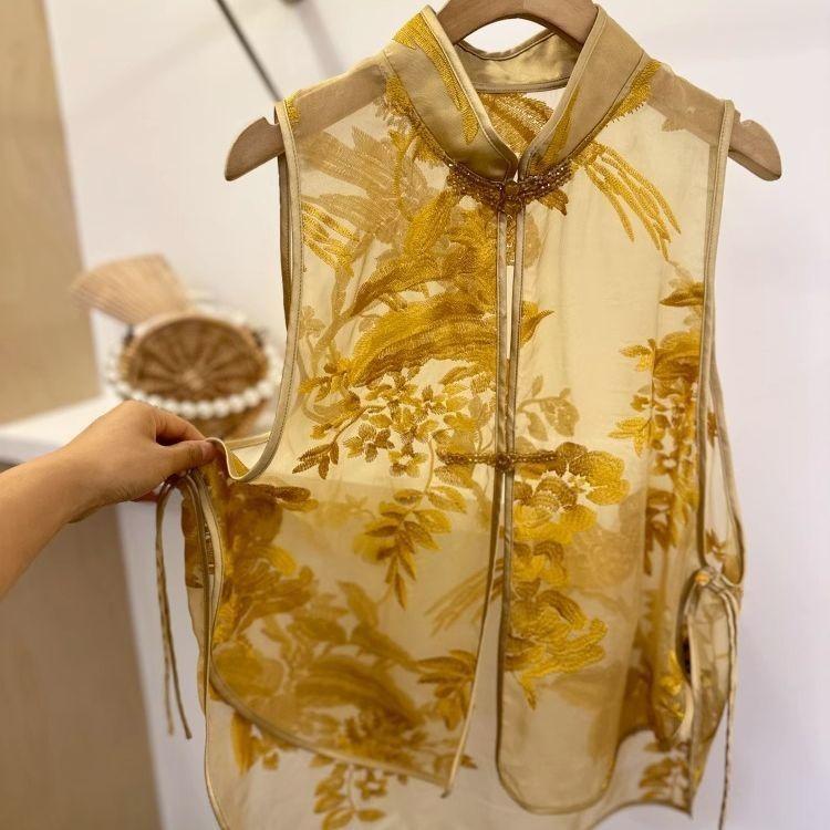 

Универсальный жилет античный топ лето новая мода ретро китайская застежка вышитый воротник-стойка M (under 50kg recommended)