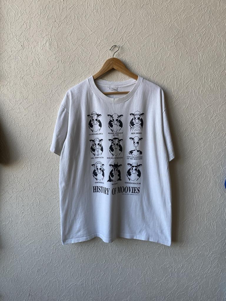Vintage 90s History of Moovies 1992 Cow Funny Humor Print Graphic Y2K T Shirt