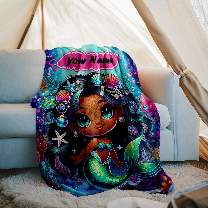 1PC Custom Name Mermaid Fantasy Underwater World outdooor Flannel blankets Patterns Throw Blanket All-Season Soft Gift for Couch, Bed, Camping gifts