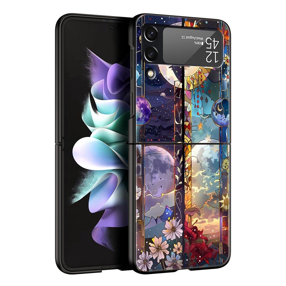Beautiful Sun Moon Glass Hard PC Phone Case For Samsung Galaxy Z Flip 7 6 5 4 Black Cover For Galaxy Z Flip 3 Foldable Shell Bag
