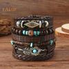 6-teiliges Set mit geflochtenen Armbändern in verschiedenen Formen, Holzperlen-Dekor, Pfauenfeder-Anhänger, Retro-Ethno-Stil, Kunsttürkis-Stein, Steinarmband, Handgelenk