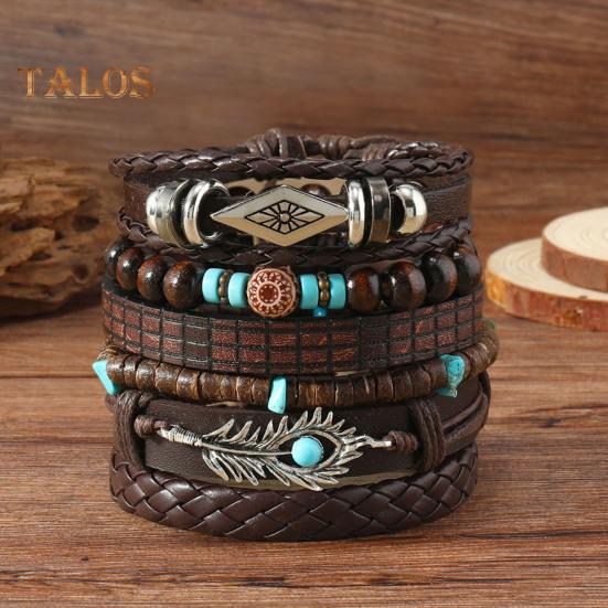 6-teiliges Set mit geflochtenen Armbändern in verschiedenen Formen, Holzperlen-Dekor, Pfauenfeder-Anhänger, Retro-Ethno-Stil, Kunsttürkis-Stein, Steinarmband, Handgelenk