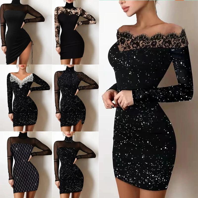 Women's Fashion Spring Fall Solid Color Print Long Sleeve V-Neck High Waist Casual Dresses