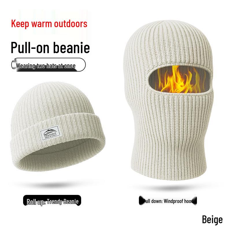 European and American Style Thick Woolen Beanie with Ear Flaps - 2-in-1 Knitted Hat & Adjustable Face Protection for Warm Cycling