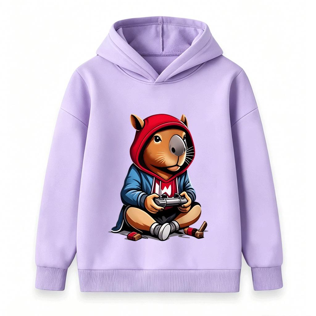 Kids Boys Girls Hoodie, Cute Gamer Capybara Print Casual Pullover Hooded Sweatshirt for Game Lovers Children Tops
