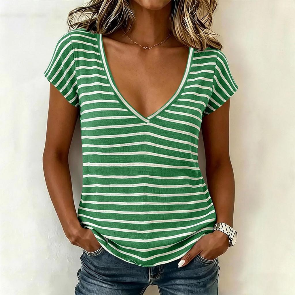 Women Casual V Neck Short Sleeve T Shirt Striped Pattern Lightweight Soft Fabric Summer Top