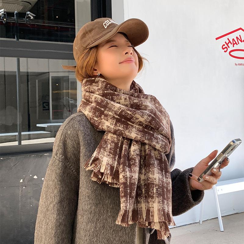 Women's Korean Style Fleece-Like Cashmere Scarf Autumn Winter High-End Warm Shawl Cute Versatile Plaid Neck Warmer