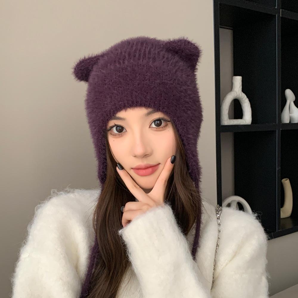 Cute Bear Ears Knitted Wool Hat Women's Big Head Circumference Versatile Face Little Lei Feng Hat Warm Ear Protection Hat Tide