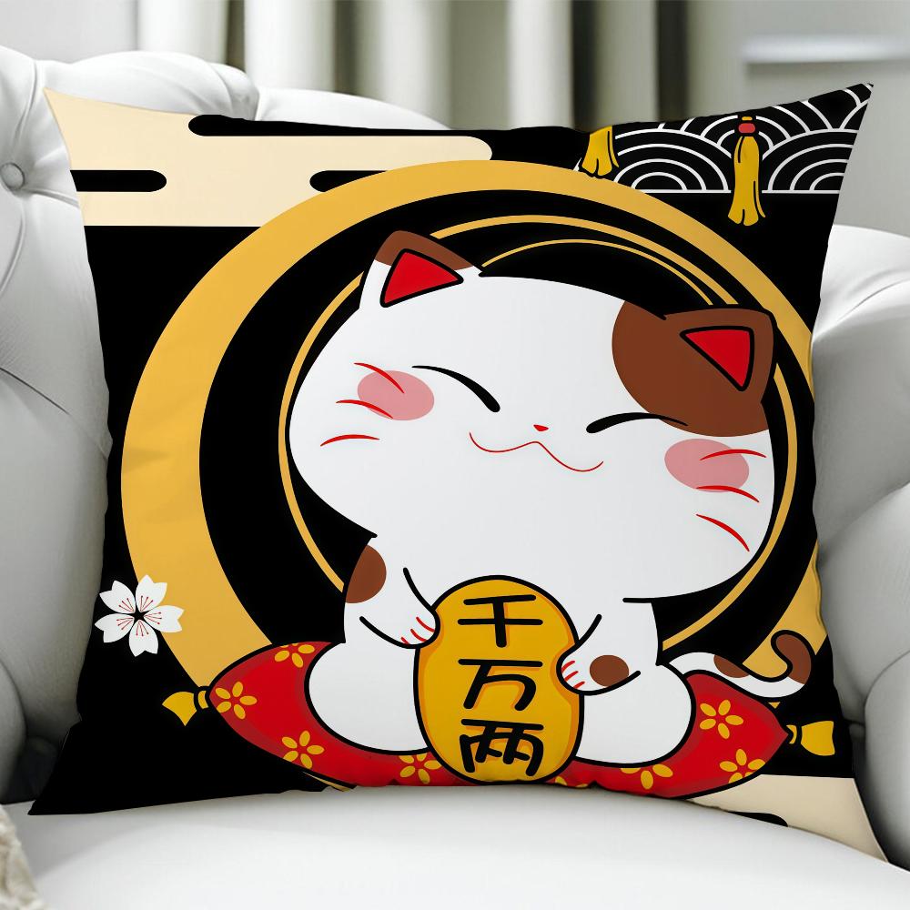 Maneki Neko Rich Luck Money Cat cushion cover Birthday Anniversary Gifts Double Sided Printed Zipper Cushion Cover