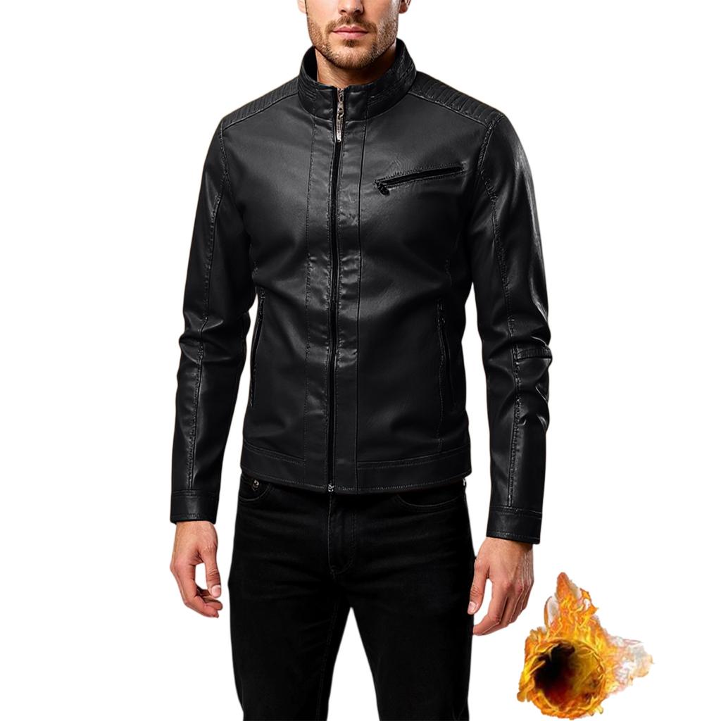 Men's Leisure Standing Collar Adding Fleece Style Locomotive Leather Jacket Jacket Coat