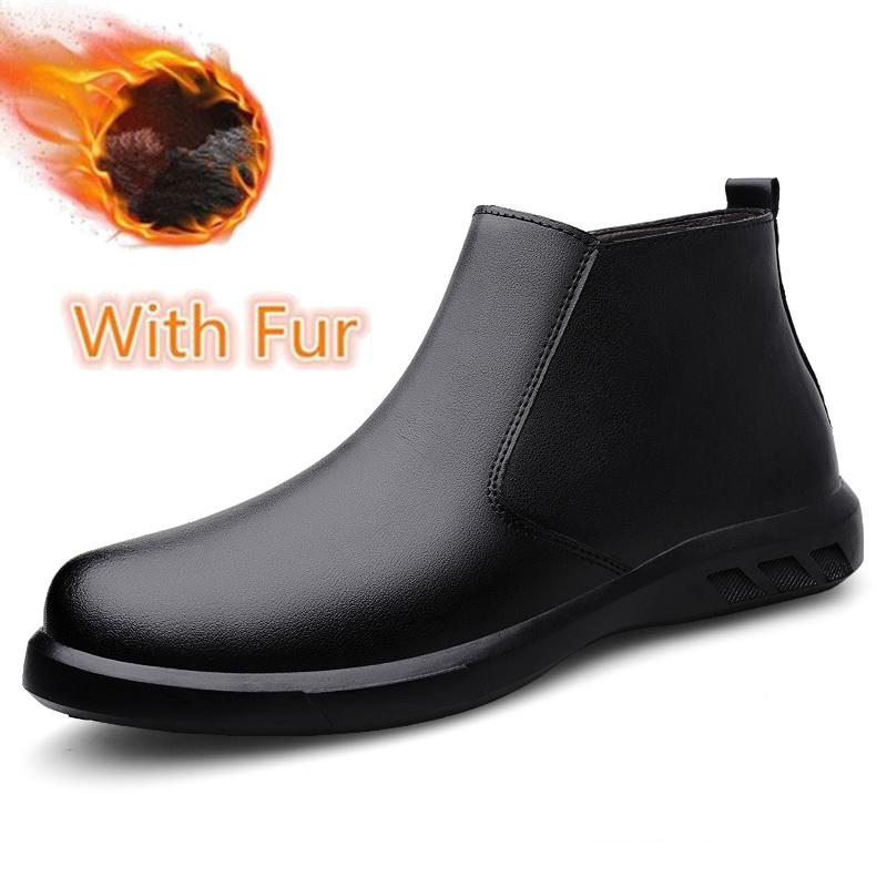 Fashion Genuine Leather Mens Chelsea Boots Comfortable Ankle Boots Fashion Winter Plush Snow Botas Outdoor High Top Shoes Business Boots