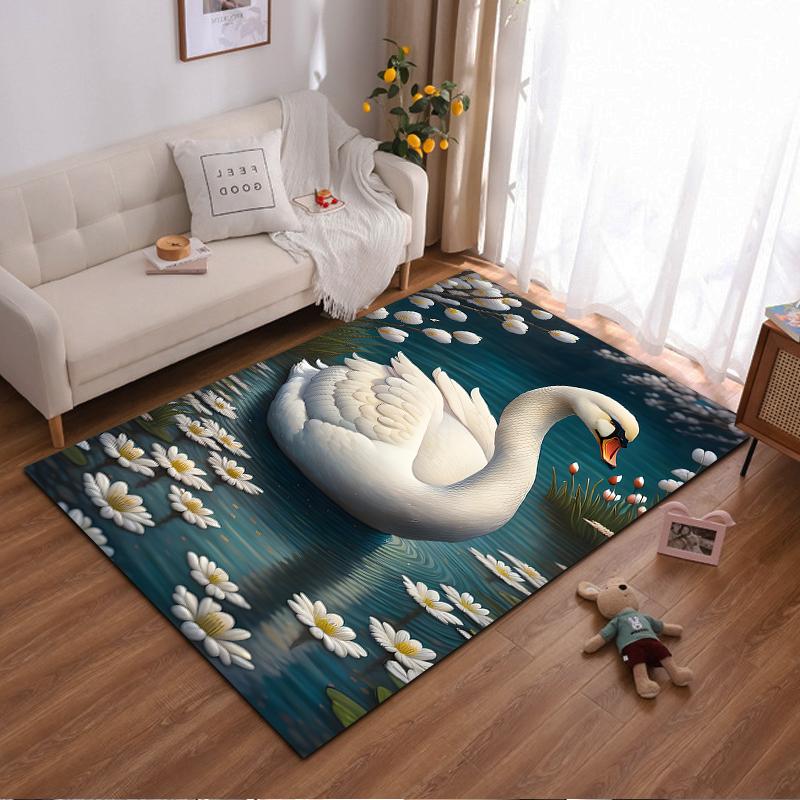 Elegant White Swan and Daisy Pattern Carpet for Living Room Decor Suitable for use as an anti-slip for living room bedroom sofas