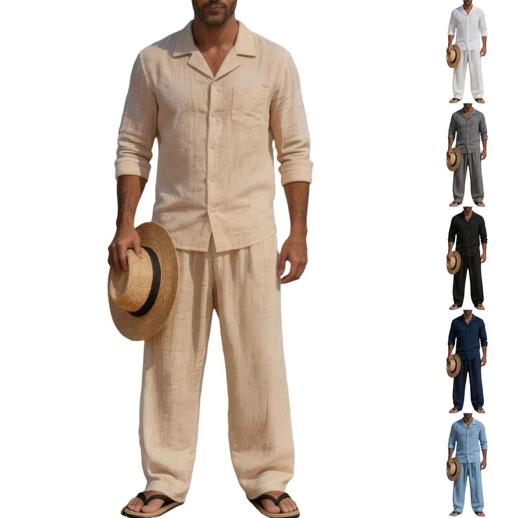 Men's Linen 2-Piece Set Long Sleeve Shirt and Pants Casual Loose Fit Breathable with Pockets