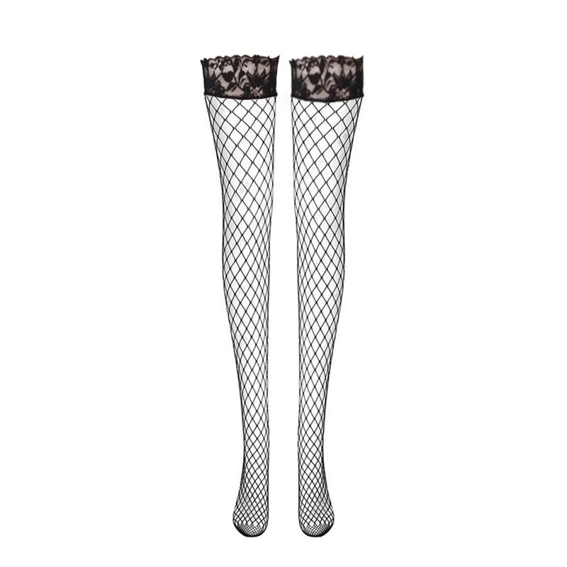Black Lace Anti-Slip Stocking Women'S Tight Fishnet Summer Lace Hight Stocking Hollow Mesh Long Solid Socks Hold-Ups