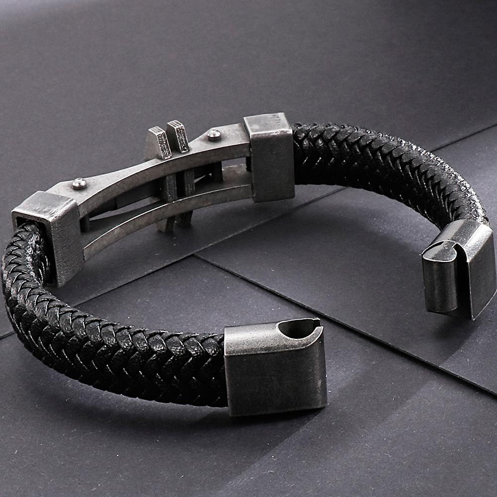 Leather Wristband for Man Bracelet Men Ancient Black Stainless Steel Simple Design Men's Wrap Bracelets Engraving Guests Gift