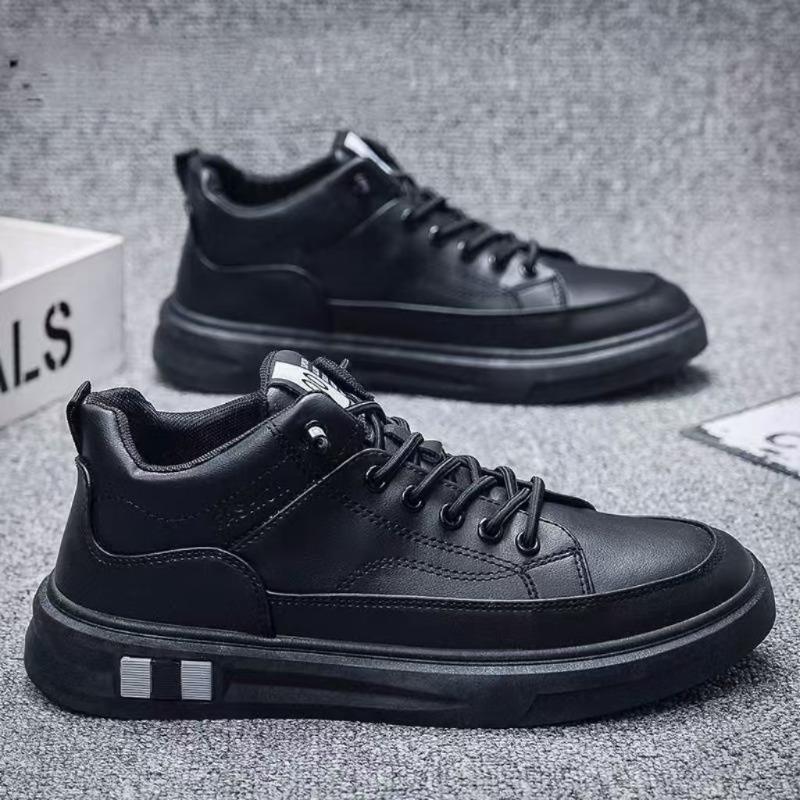 Shoes Men's New Spring Mid-help Black Versatile Black Leather Shoes Trendy Boys Casual Board Shoes