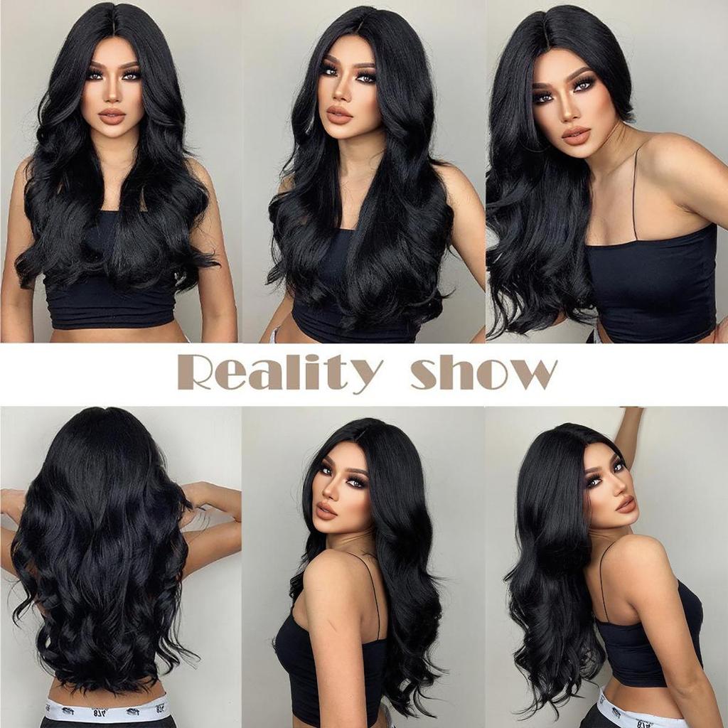 Damen 66 cm Haar schwarz langes lockiges Haar T-förmige vordere Spitze Rosen-Haarnetz Kopfbedeckung reine handgewebte Spitzenperücken Kanekalon-Perücke