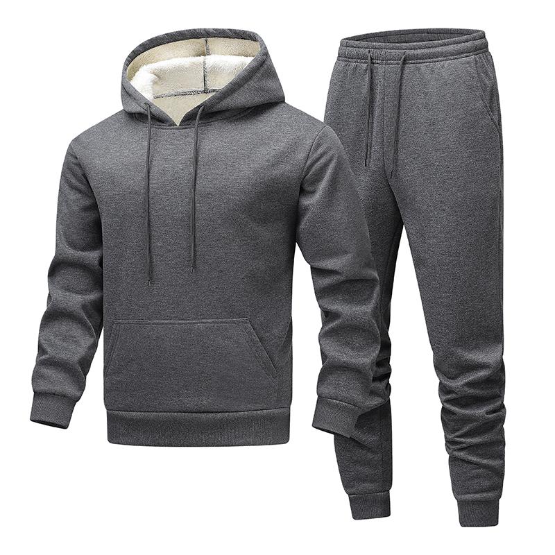 

Men s Hooded Jacket for Men In Winter Plus Velvet Thickened Sweatshirt Solid Color Youth Hooded Sports Two-piece Set 2XL