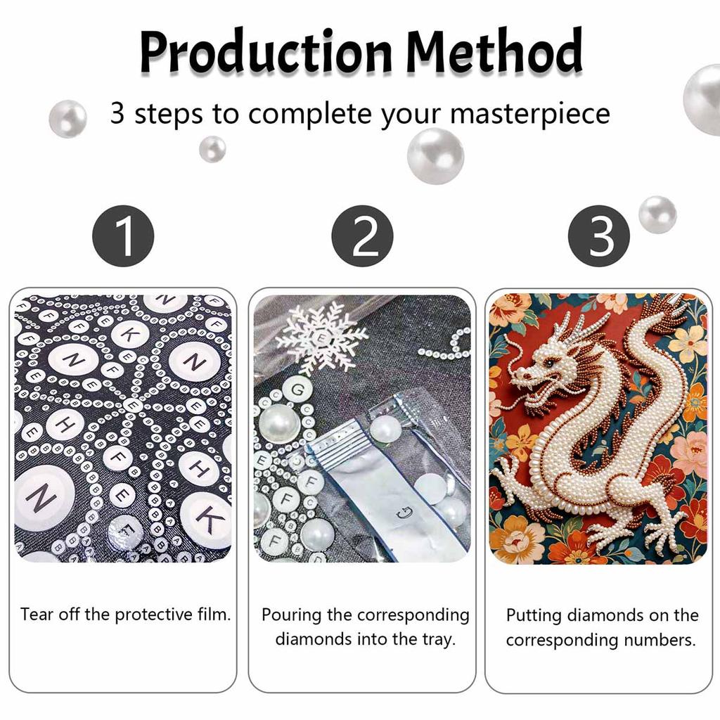 DIY Pearl Gem Chinese Dragon Floral Pattern Shining Bead Craft Art Home Wall Ornament Simple Unframed Room Decoration Modern Art Wall Hanging