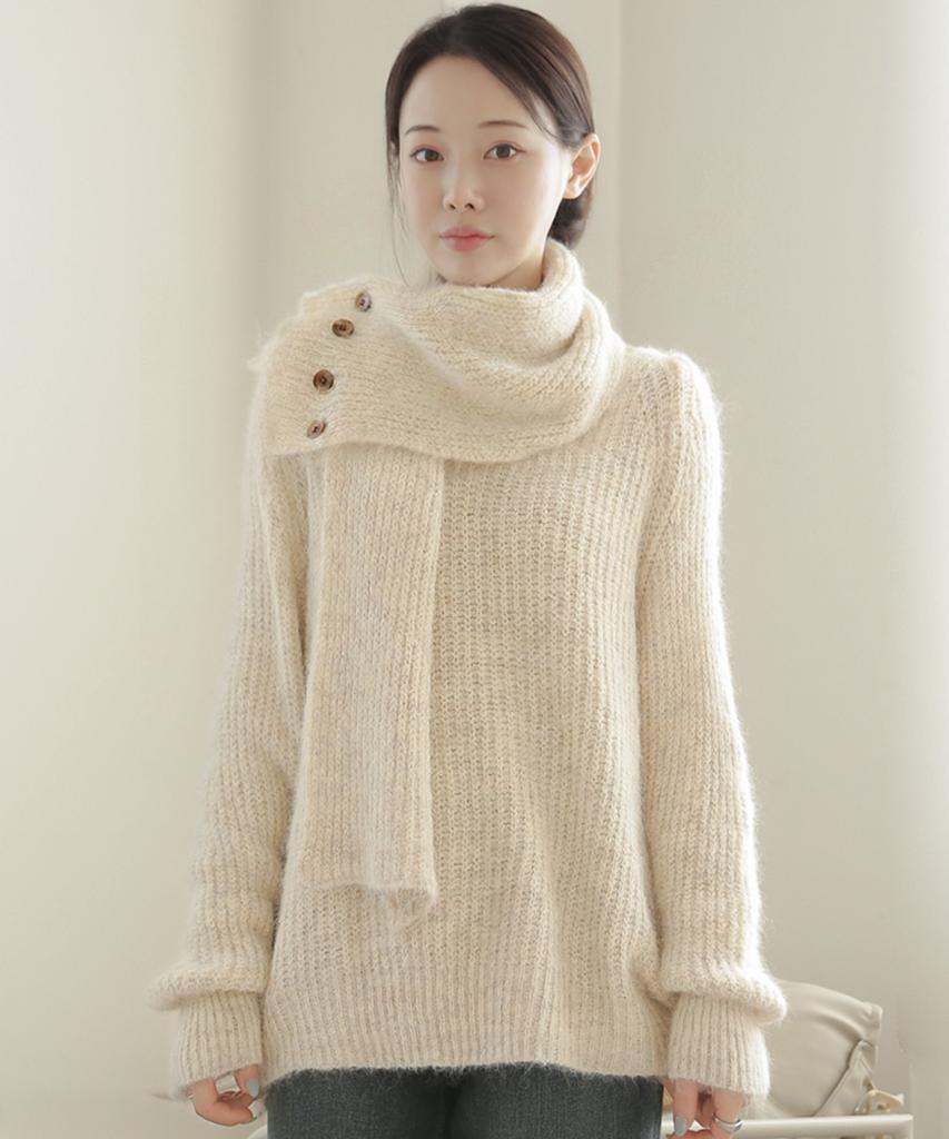 Keulleiseu Button Scarf V-Neck Knit_Beige