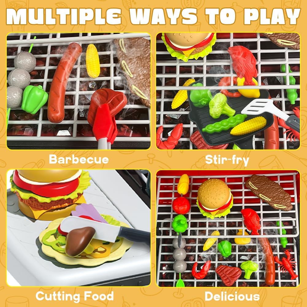 Kinder Grillspielset BBQ Spielzeug Grill mit Rauch Geräusch Licht Rädern Rollenspiel Küchenspielzeug für Kleinkinder Barbecue Spielzeugessen Geschenke