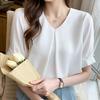 Short Chiffon Short Sleeve Loose Body Covering [Lalapala] Women's Blouse, Sleeve, Summer, Shirt, V-Neck, Stylish, Thin, Neat, Shirt, Top, Pullover,