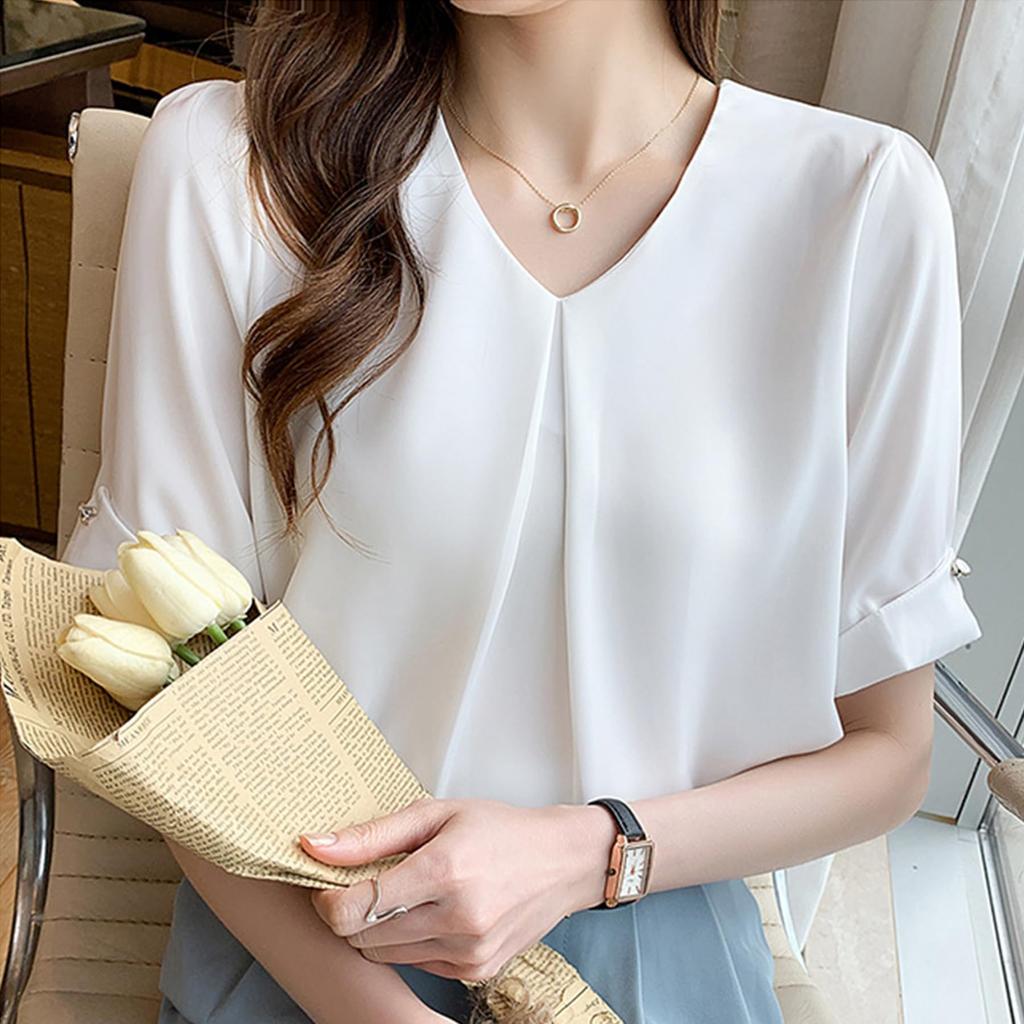 Short Chiffon Short Sleeve Loose Body Covering [Lalapala] Women's Blouse, Sleeve, Summer, Shirt, V-Neck, Stylish, Thin, Neat, Shirt, Top, Pullover,