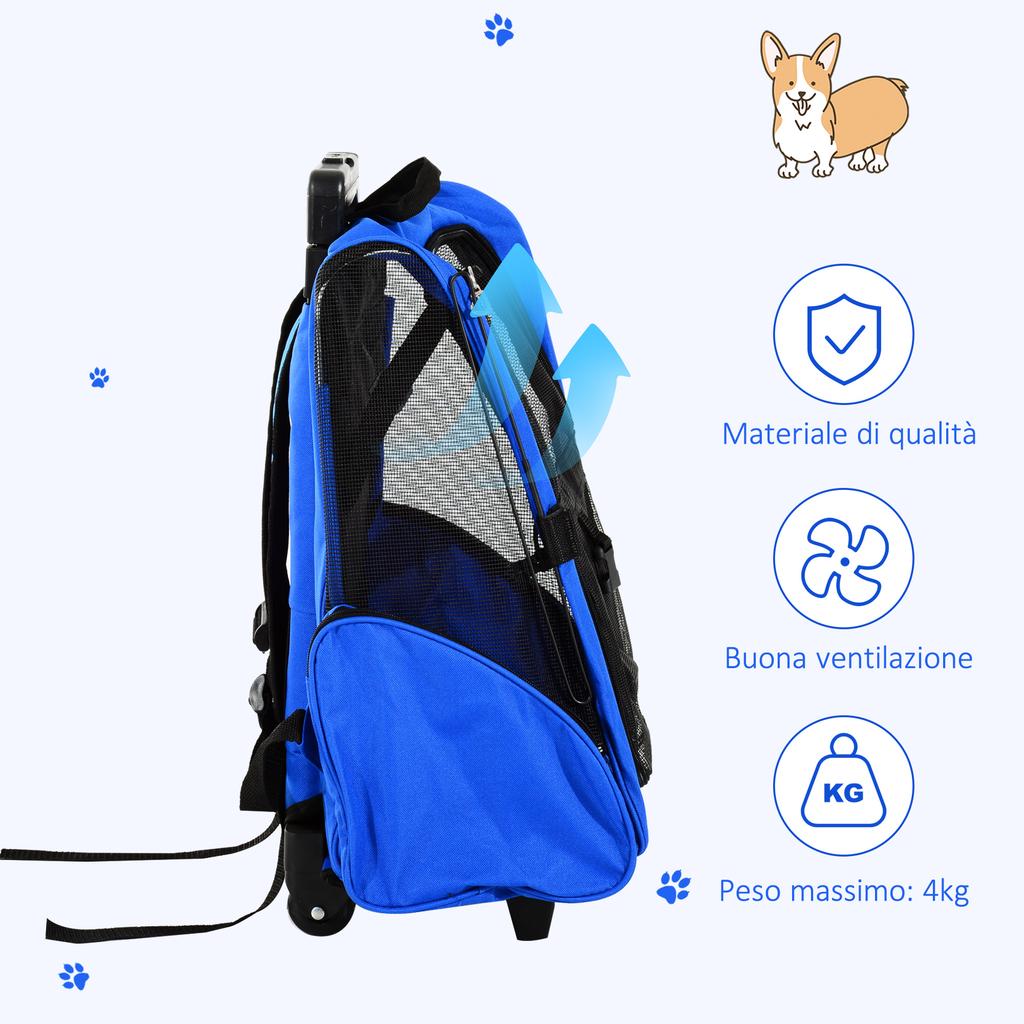 2-in-1 Pet Carrier Backpack for Dogs and Cats with Side Pockets, Telescopic Handle and Wheels, 42x25x55cm, Blue