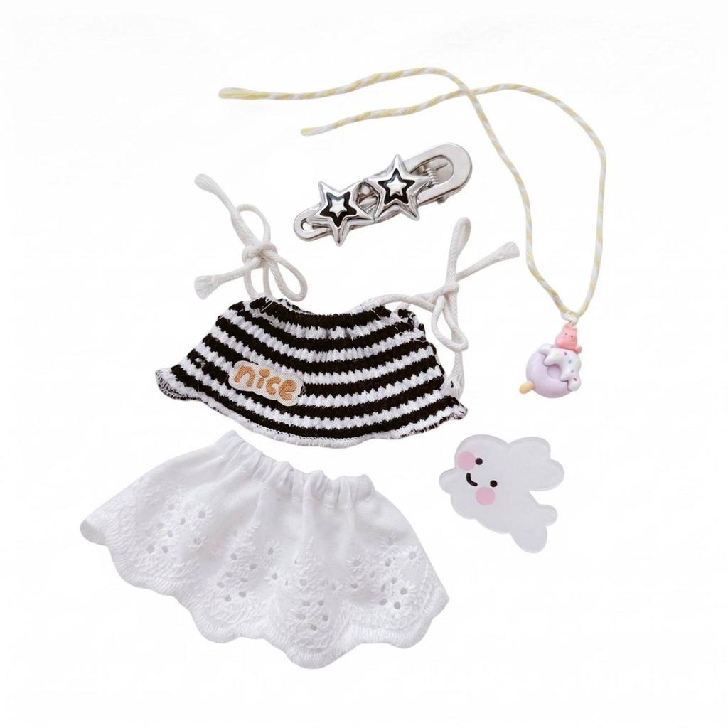 10cm doll Striped Camisole Set Tie Straps Lace Skirt Outfit Ruffled Hem Clothes