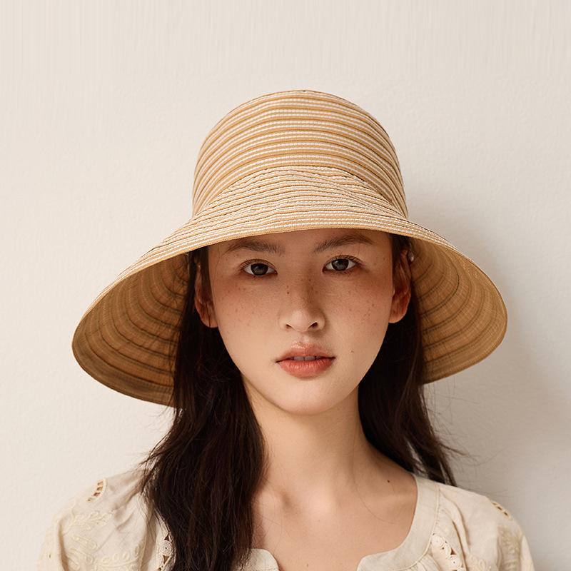 Striped Bow Big Brim Fisherman Hat Women's Summer Outdoor Travel Foldable Sun Hat
