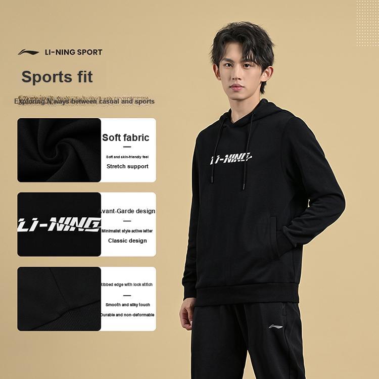 Li Ning Street Cool Slim Fit Unisex Pullover Hoodie Warm Plush Stand Collar Thick Jacket Casual Sports Suit Unisex Hoodies AJMU219+AWDUG83-1