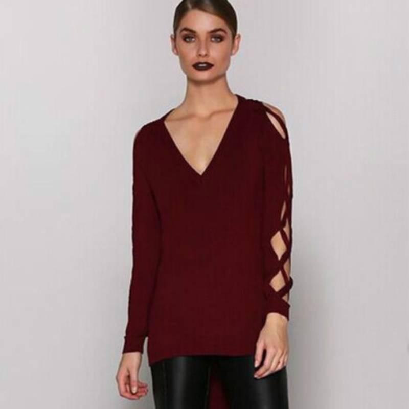 Stylish Black Casual V Neck Short Front Long Back Hollow Out T Shirt For Women