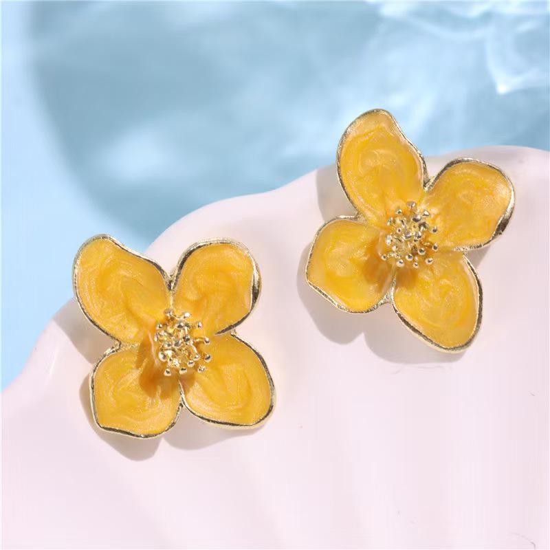 French Retro Red Roselle Drip Glaze Flower Earrings