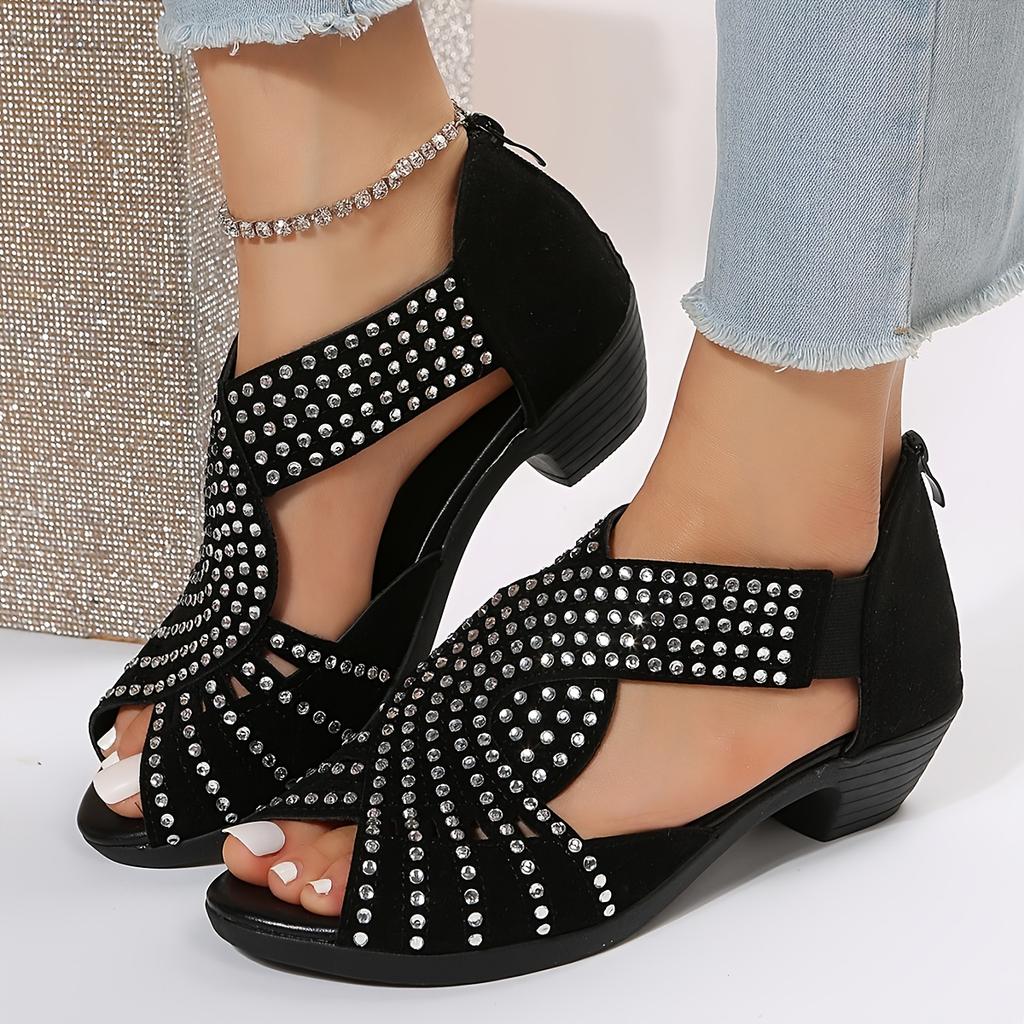 

Women s Summer Casual Low Heel Rhinestone Hollow Out Chunky Heel Plus Size 43 Yards Beach Sandals 37EU/CN38