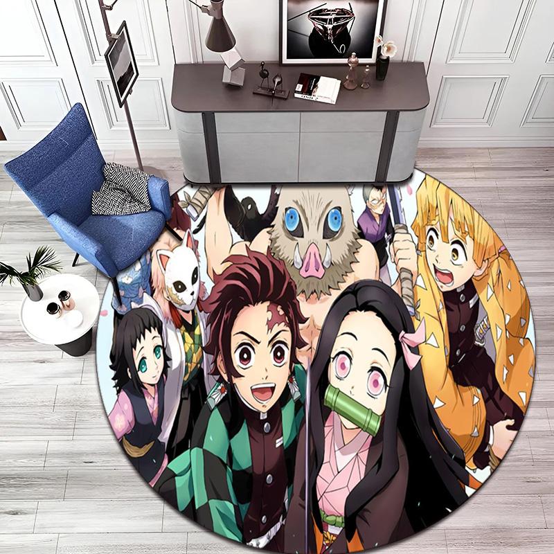 Classic Japanese-style Cartoon Demon Slayer Round Rug, Home Soft Decorative Anti-slip Yoga Mat and Chair Mat, Outdoor Floor Mat Carpet K23